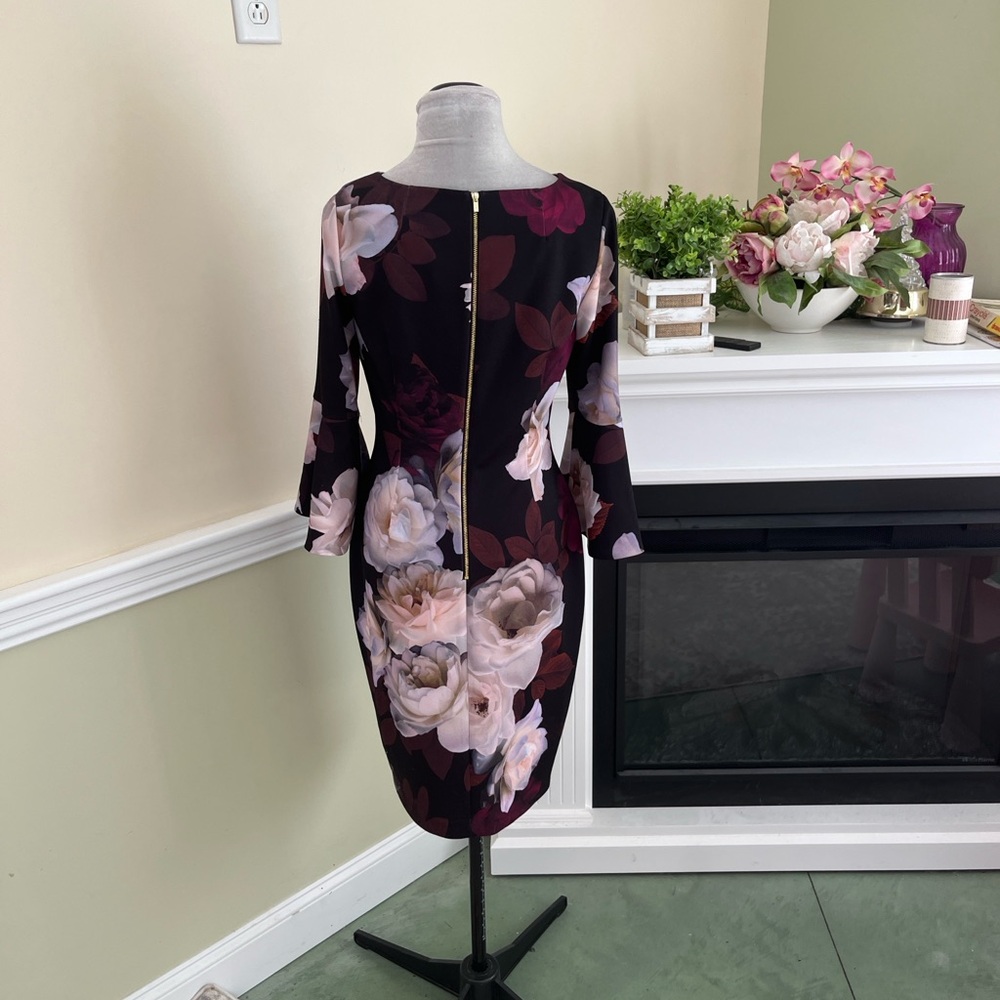 CALVIN KLEIN Black Floral Bell Sleeve Dress 6 NWOT - Picture 8 of 11